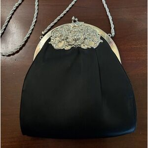 Vintage Larry Levine black satin purse with silver tone embellishments